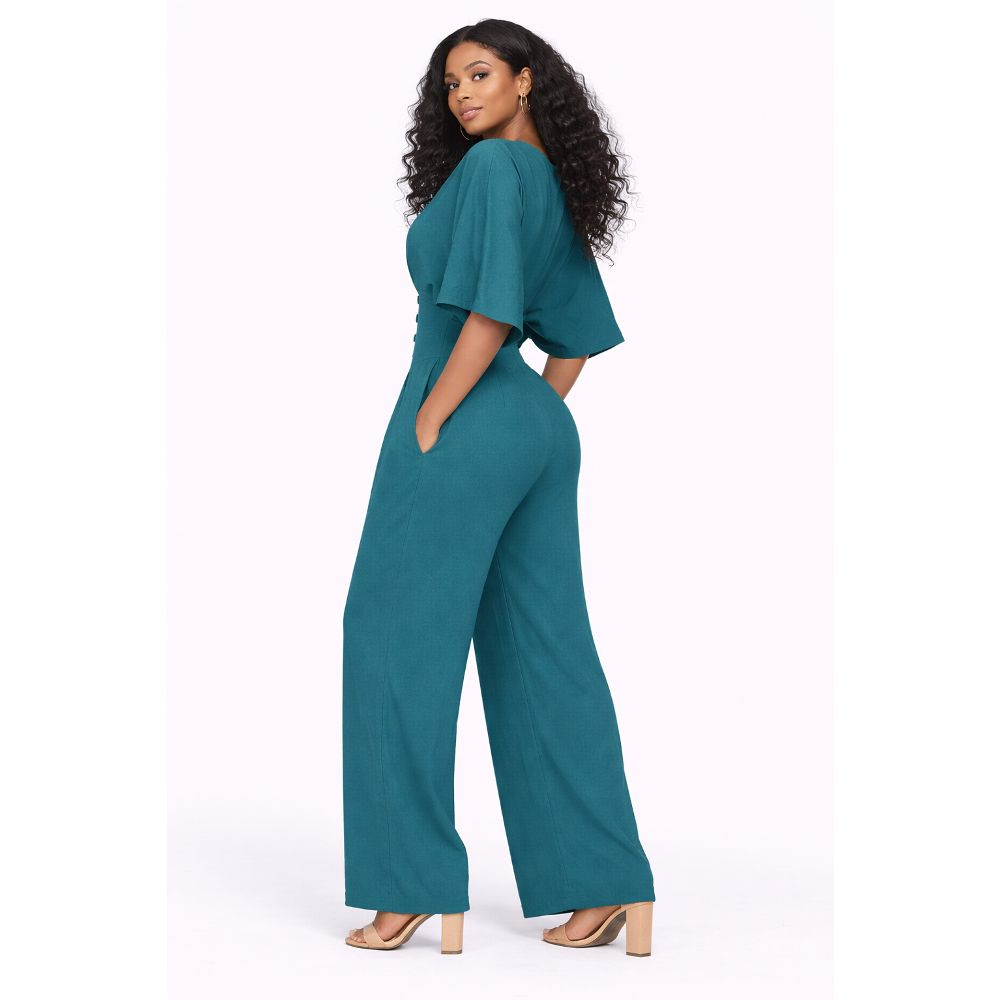 V Neck Cinched Waist Wide Leg Jumpsuit
